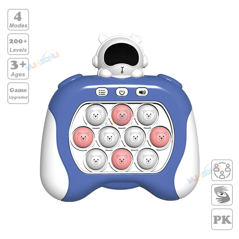 Blue and white electronic pop light up chases light game controller with bear face for fidget anti stress relief toys
