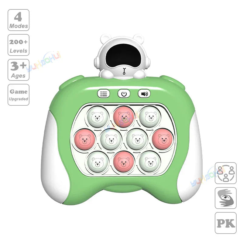 Green and white electronic pop light up game handle toy with bear-shaped screen for fidget anti stress relief kids
