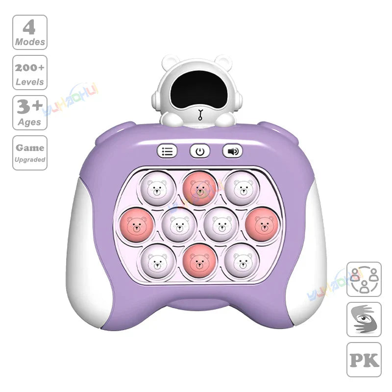 Purple and white bear-themed children’s chases light game console with 9 pink and white buttons and robot head for stress relief toys