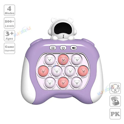 Purple and white bear-themed children’s chases light game console with 9 pink and white buttons and robot head for stress relief toys