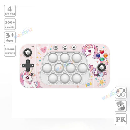 Pink unicorn-themed electronic pop light up game controller with white bubbles and black directional pad for fidget anti stress relief toys