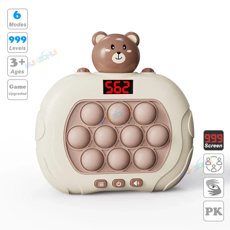 Beige plastic electronic pop light up game fidget anti stress toy with brown bear head and red digital display 562