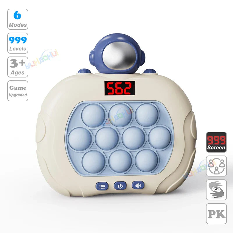 Cream-colored astronaut-themed electronic pop light up game with blue helmet and red digital screen for fidget anti stress relief toys