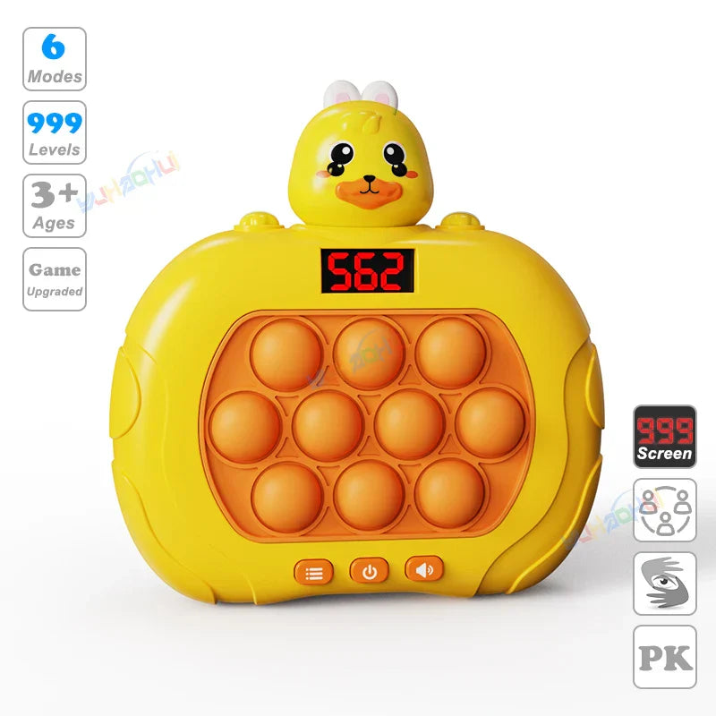Yellow duck-shaped electronic pop light up game with orange bubbles and digital screen for fidget anti stress relief toys