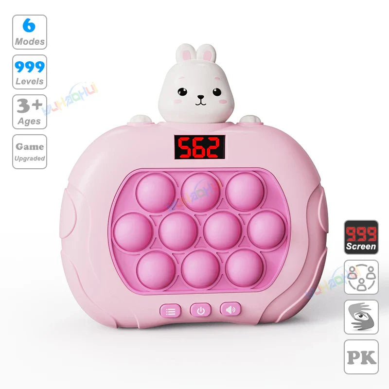 Pink bunny-themed electronic pop light up game with digital screen and 999 levels for fidget anti stress relief toys
