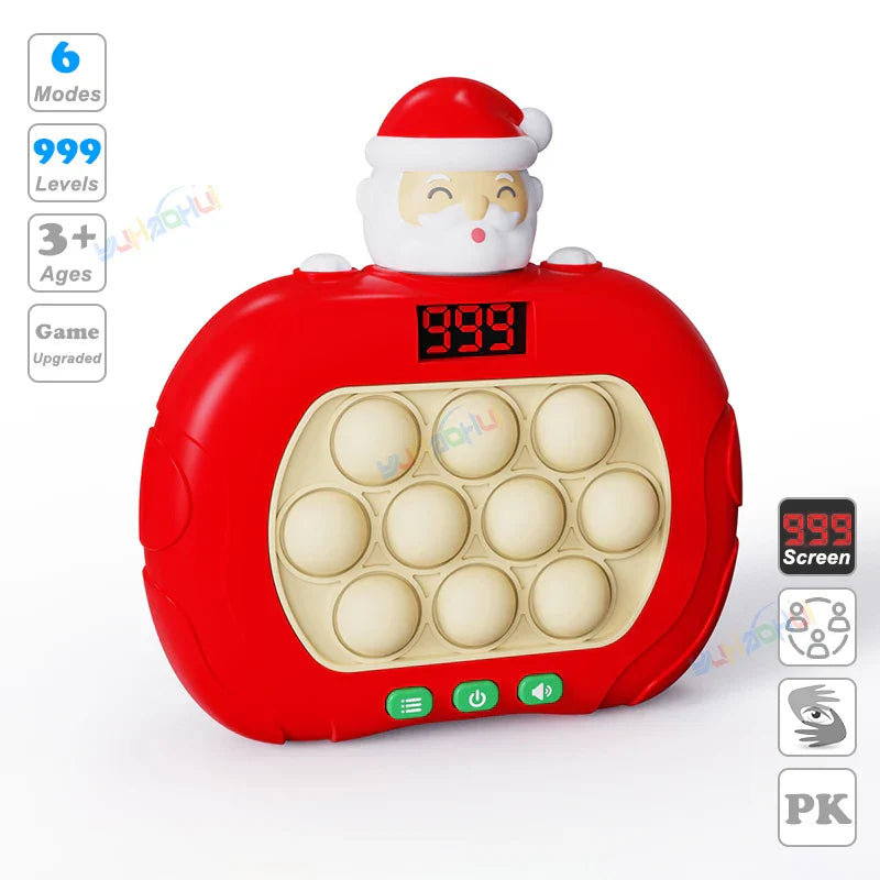 Red santa claus-themed electronic pop light up game handle toy with digital screen and green buttons for fidget anti stress relief