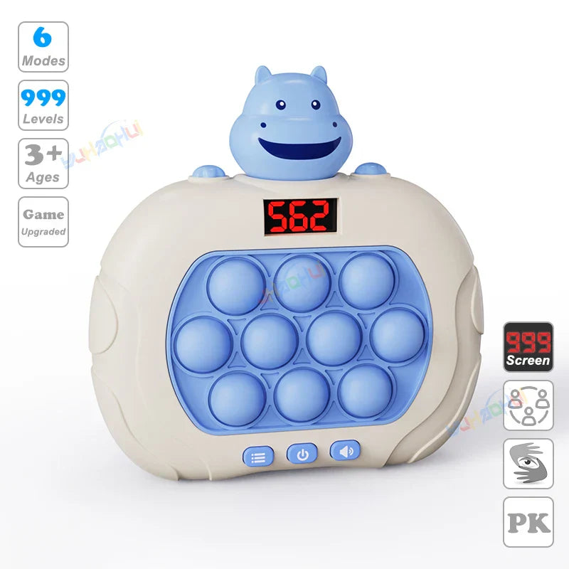 Blue and beige electronic pop light up chases light game toy with smiling hippo head for fidget anti stress relief