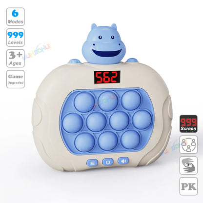 Blue and beige electronic pop light up chases light game toy with smiling hippo head for fidget anti stress relief