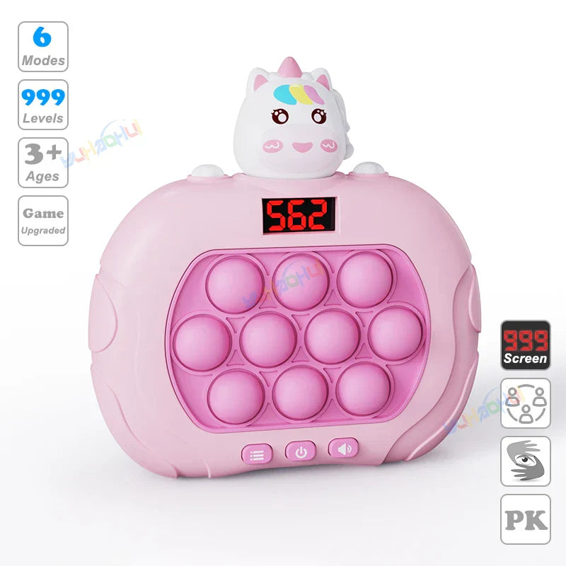 Pink unicorn-themed electronic pop light up game fidget anti stress toy with digital screen and chases light game controls