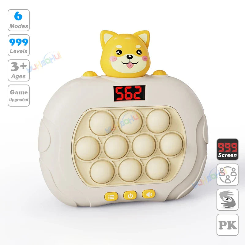 Cream-colored electronic pop light up chases light game fidget anti stress toy with yellow dog head and red display 562