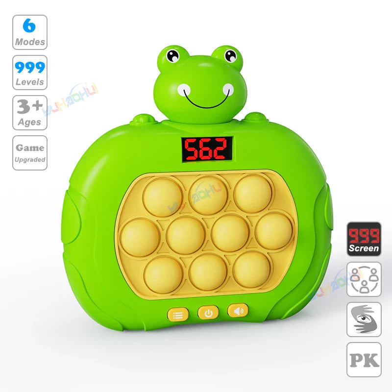 Green frog-shaped electronic pop light up game console with yellow pop-it bubble pad red led display fidget anti stress toy