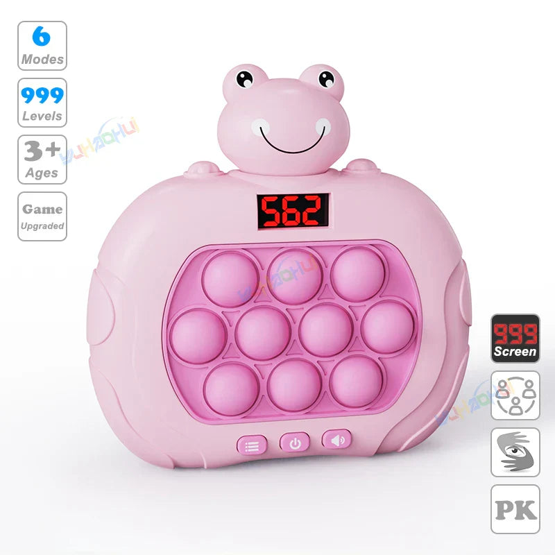 Pink frog-shaped digital clock with pop-it button panel and red led display for fidget anti stress and chases light game