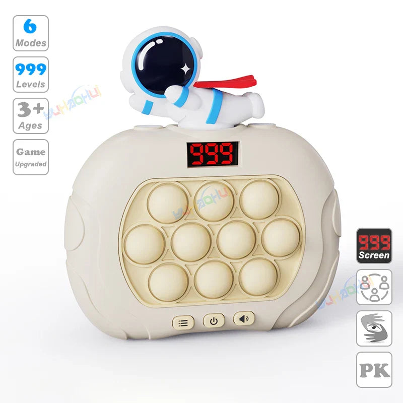 Cream-colored electronic pop light up game handle toy with digital screen and astronaut figurine for fidget anti stress relief