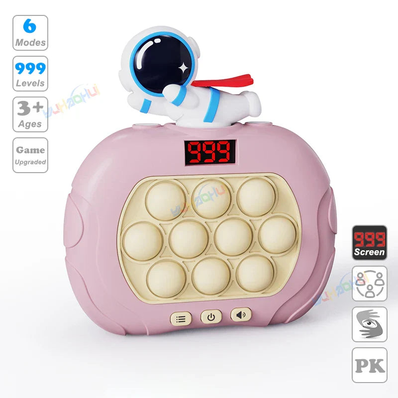Pink astronaut-themed electronic pop light up game handle toy with digital screen and beige bubbles for fidget anti stress relief
