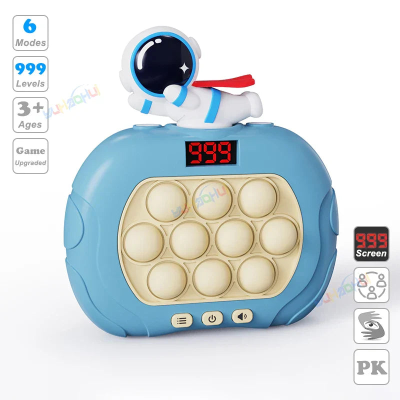Blue astronaut-themed electronic pop light up game with digital screen and beige bubbles for fidget anti stress relief toys