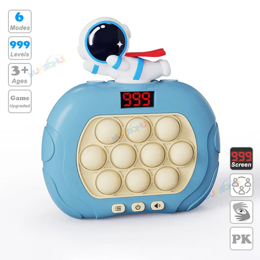 Blue astronaut-themed electronic pop light up game with digital screen and beige bubbles for fidget anti stress relief toys