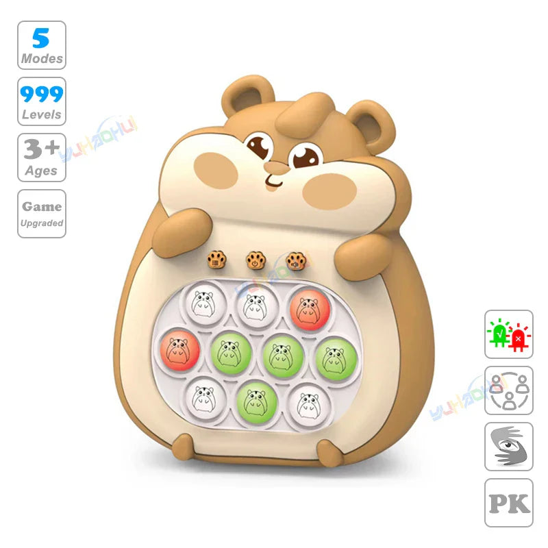 Cute brown and cream hamster-shaped electronic pop light up game toy with colorful buttons for fidget anti stress relief
