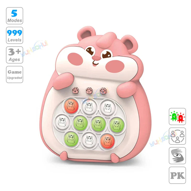 Pink and white plush hamster electronic pop light up game with colorful buttons for fidget anti stress relief toys