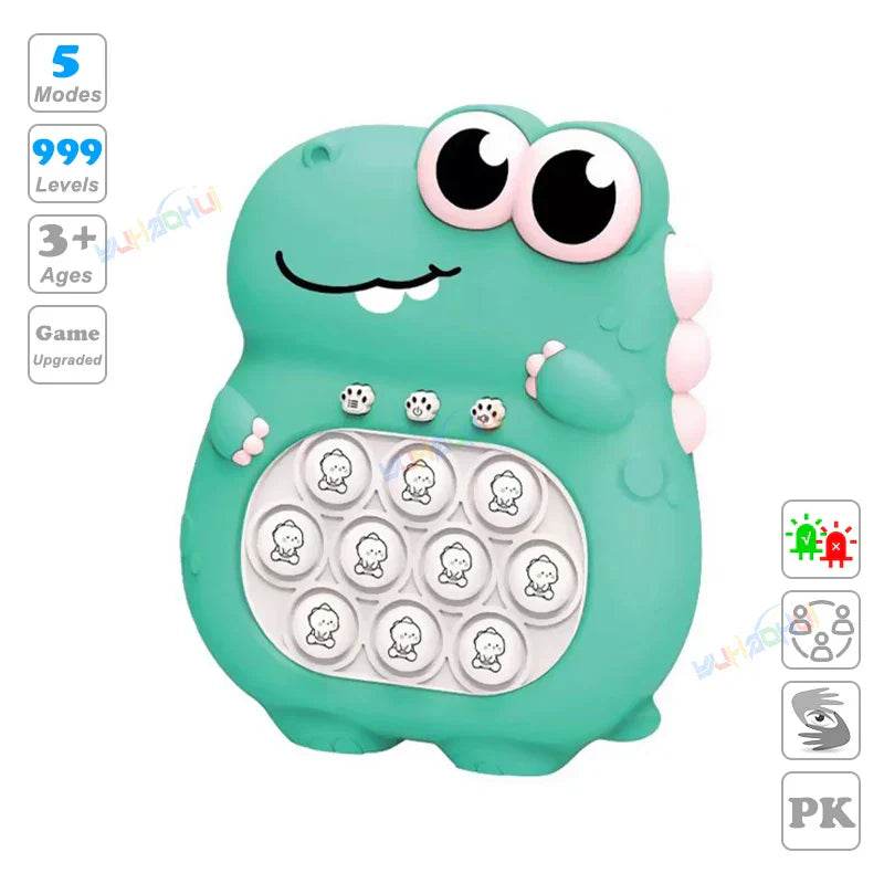 Teal-green dinosaur-shaped chases light game toy with pink accents and fidget anti stress white button panel for stress relief
