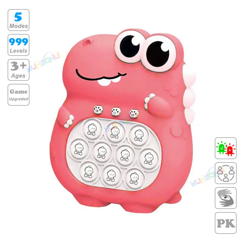 Pink dinosaur-shaped electronic pop light up game toy with fidget anti stress buttons for chases light game relief