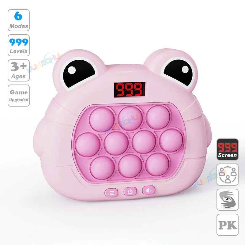 Pink frog-shaped electronic pop light up chases light game toy with digital screen and fidget anti stress buttons