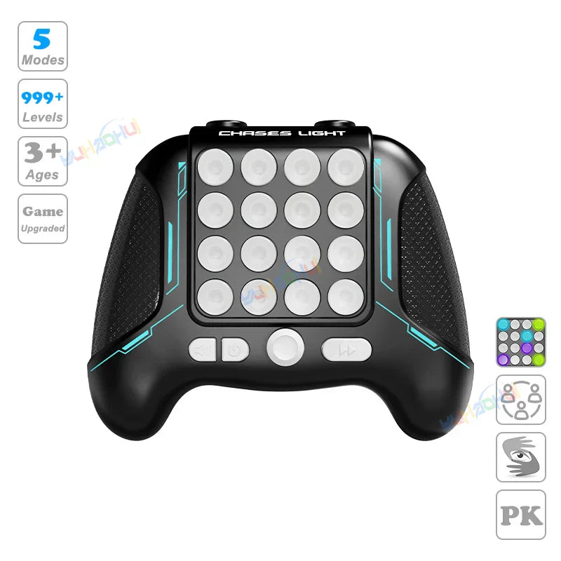 Black chases light game controller with white circular buttons and glowing teal lines for fidget anti stress relief toys