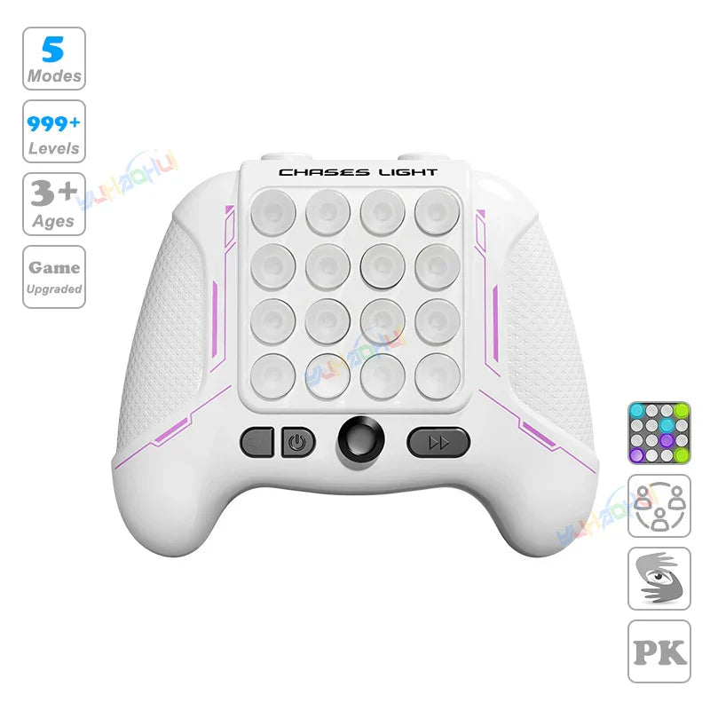 White chases light game controller with purple accent lines and circular buttons for fidget anti stress relief toys
