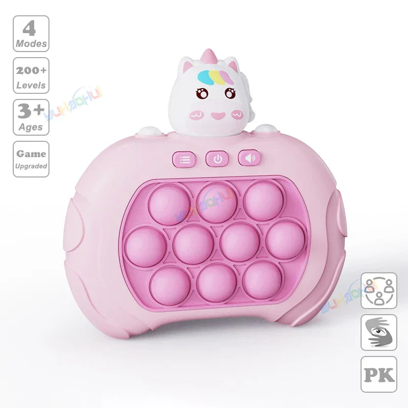 Pink unicorn-themed electronic pop light up game with soft plastic body and rainbow mane for fidget anti stress relief toys