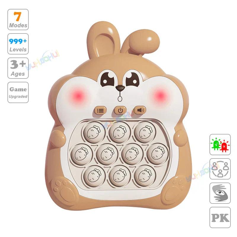 Cute beige and white bunny-shaped electronic pop light chases light game console with 9 cartoon face buttons for fidget anti stress relief toys