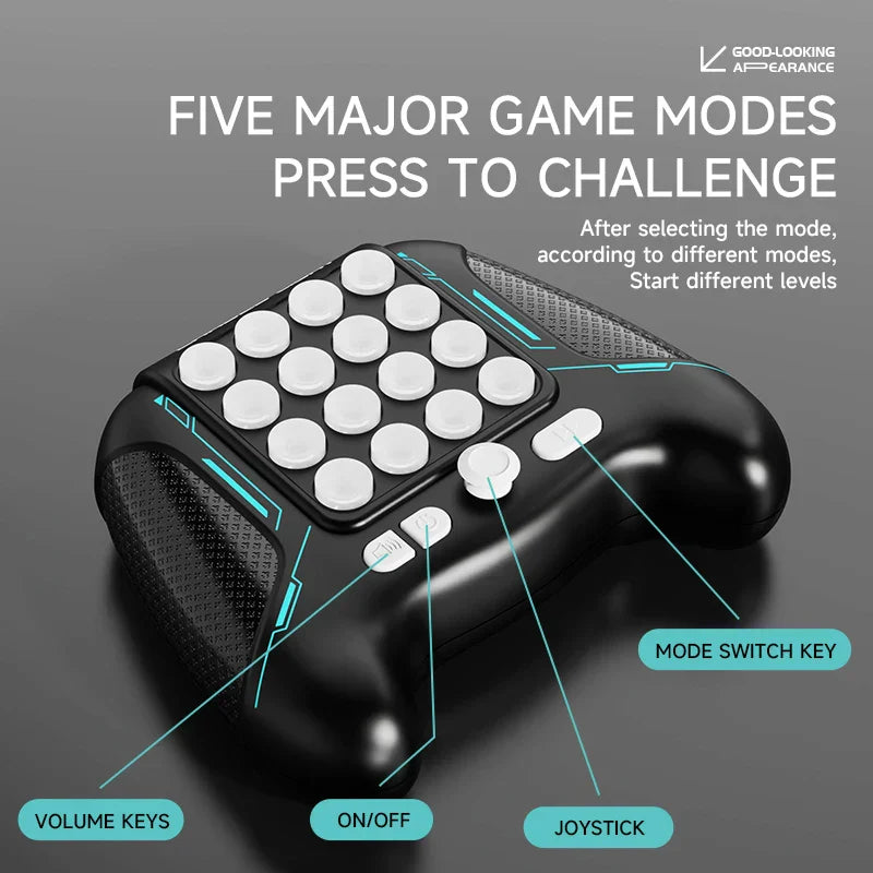 Black gaming controller with white circular buttons and teal lighting designed as a fidget anti stress relief toy for chases light game