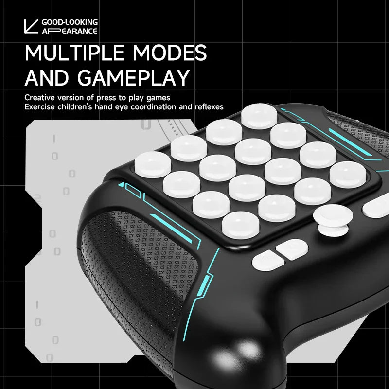 Black ergonomic gaming controller with white circular buttons and glowing teal lines for fidget anti stress relief toys