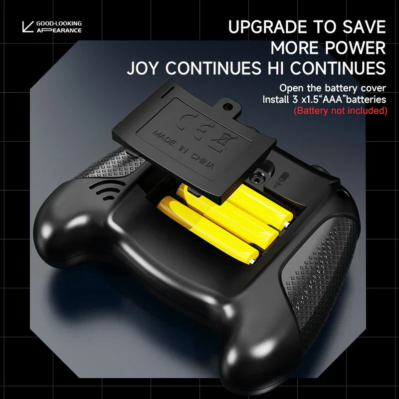 Black plastic electronic pop light up game handle with textured grips and yellow aaa batteries for stress relief toys