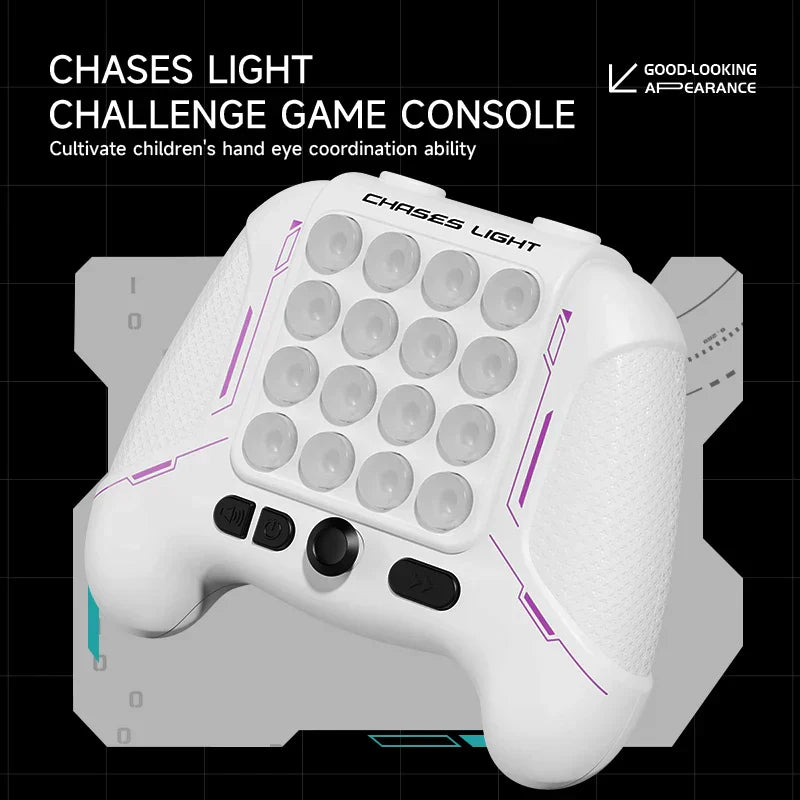 White plastic chases light game console with purple accents and circular buttons for fidget anti stress and stress relief toys