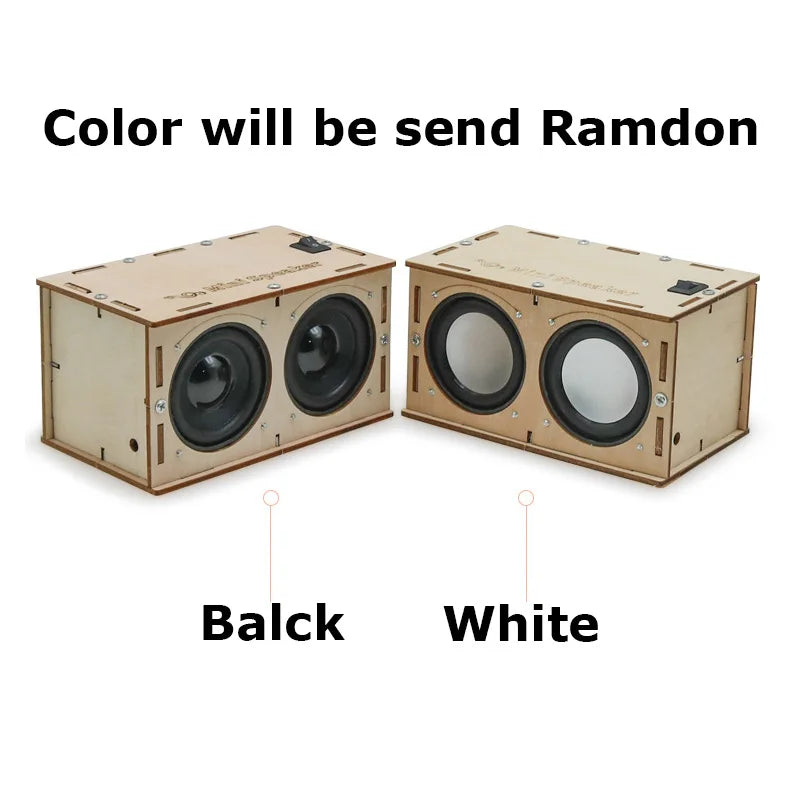 Beige wooden box diy bluetooth speaker with two black circular drivers for electronic sound amplifier school projects experiment