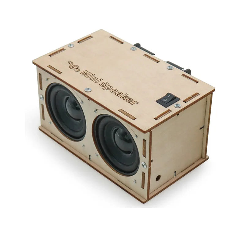A compact light wood-finish diy bluetooth speaker with two black drivers and a top power switch for school projects experiment