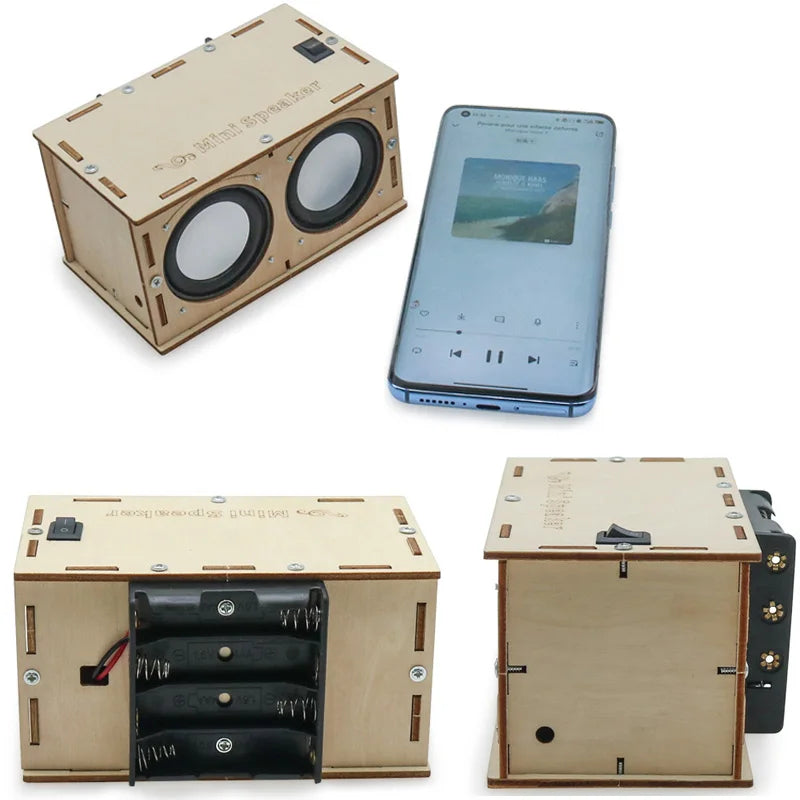 A compact light wood finish diy bluetooth speaker with two drivers and battery compartment for school projects experiment
