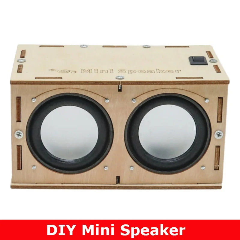 Light-colored wooden diy bluetooth speaker with two black drivers and top power switch for school projects experiment