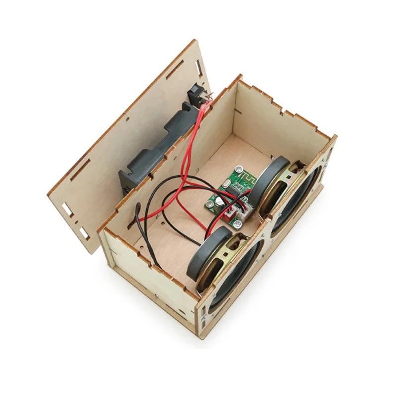 A light wood-grain diy bluetooth speaker box with black and gold speakers electronic sound amplifier for school projects experiment
