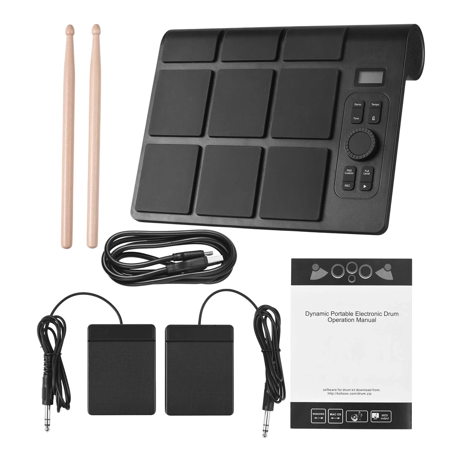 Black electronic tabletop drum set with 9 color lighting pads wooden drumsticks lcd audio connection bt midi support