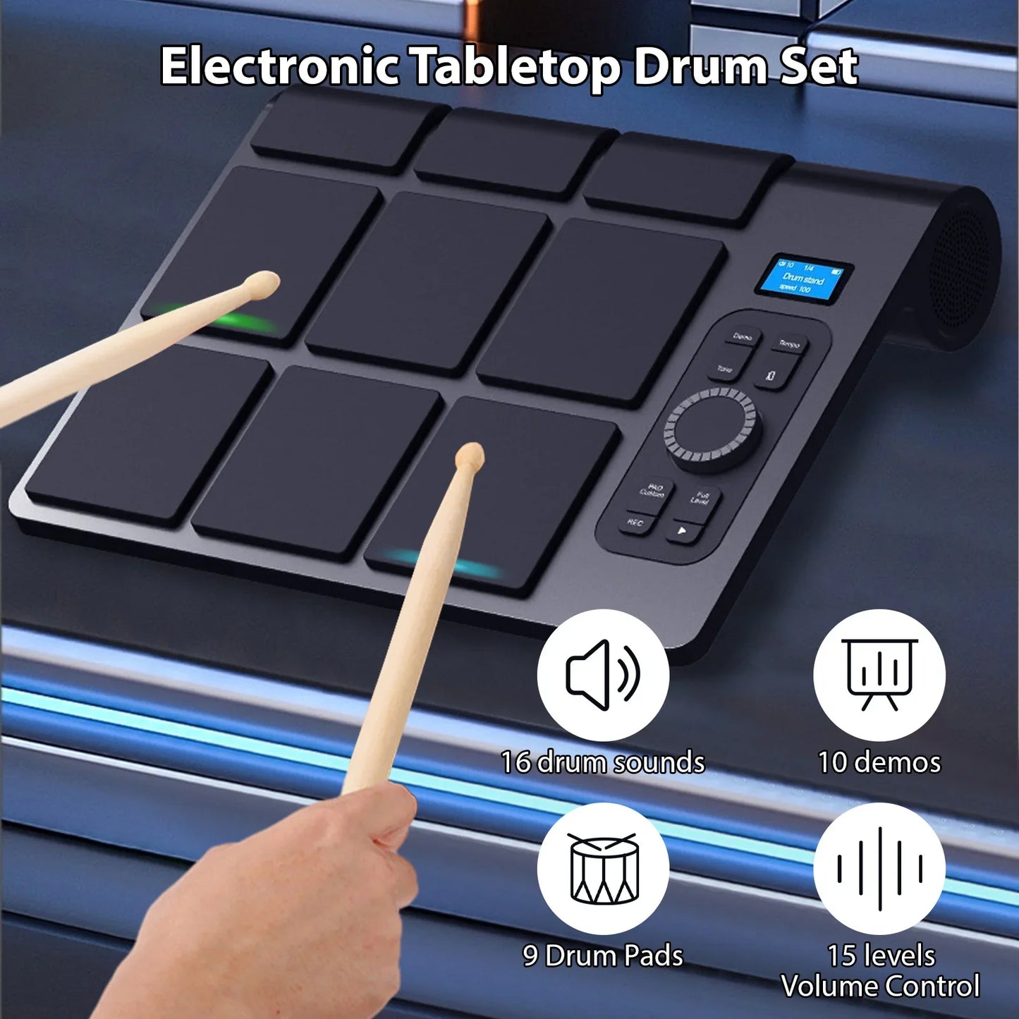 Black electronic tabletop drum set with 9 pads color lighting supports bt midi and lcd display for versatile use