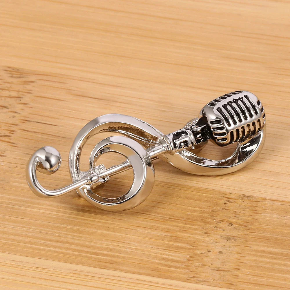 Elegant silver microphone music note brooch with detailed grille design band souvenir jewelry accessories gifts