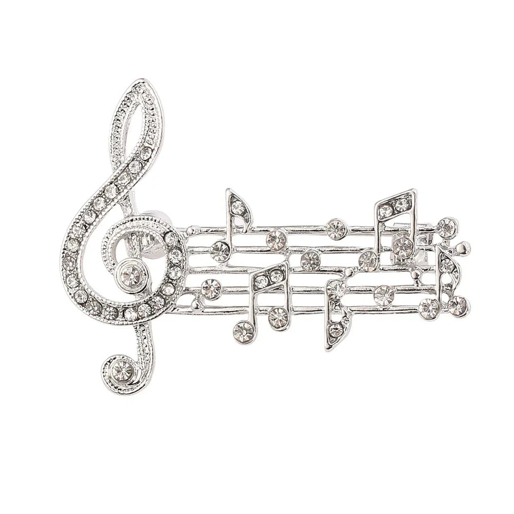 Elegant silver music note brooch adorned with clear crystals ideal as band souvenir jewelry accessories gifts