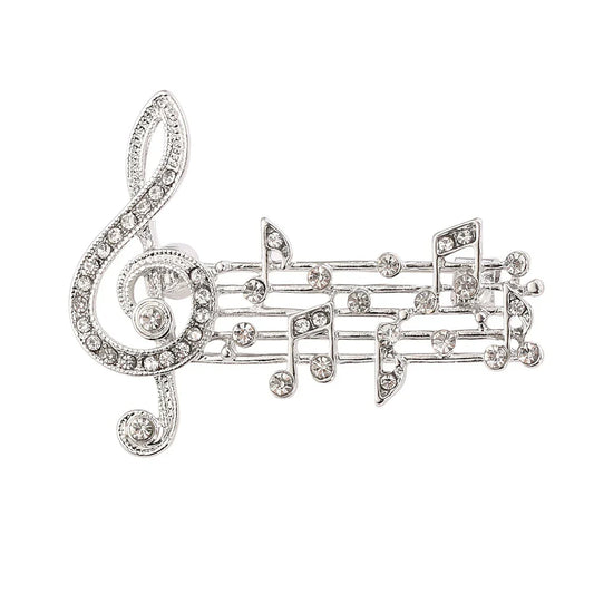 Elegant silver music note brooch adorned with clear crystals ideal as band souvenir jewelry accessories gifts