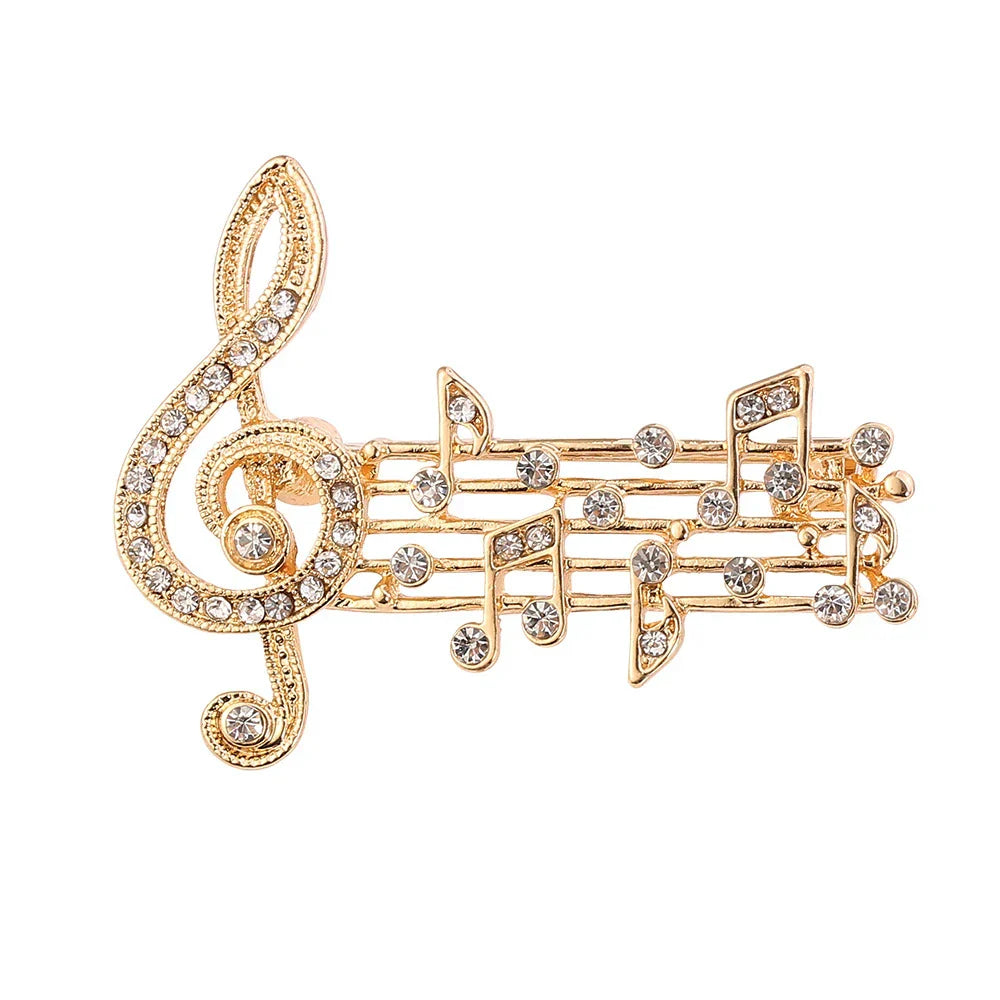 Gold-colored music note brooch with clear rhinestones elegant band souvenir jewelry accessories gifts for men and women
