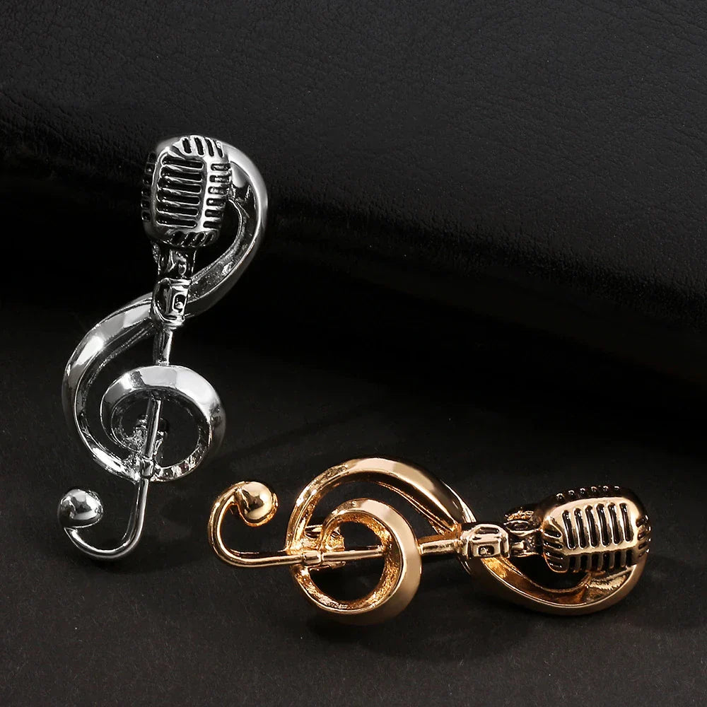 Elegant silver and gold microphone-themed music note brooch vintage design band souvenir jewelry accessories gifts