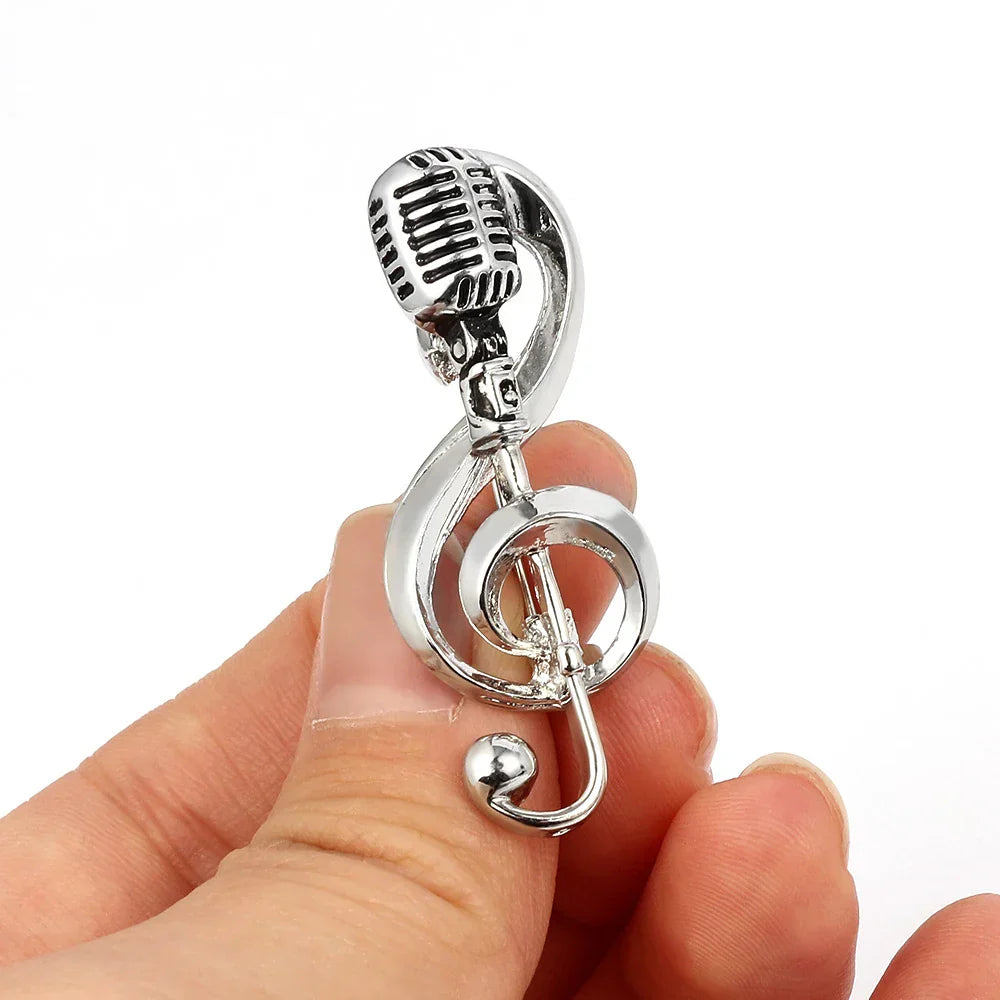 Silver microphone-shaped music note brooch with intricate detailing for band souvenir jewelry accessories gifts