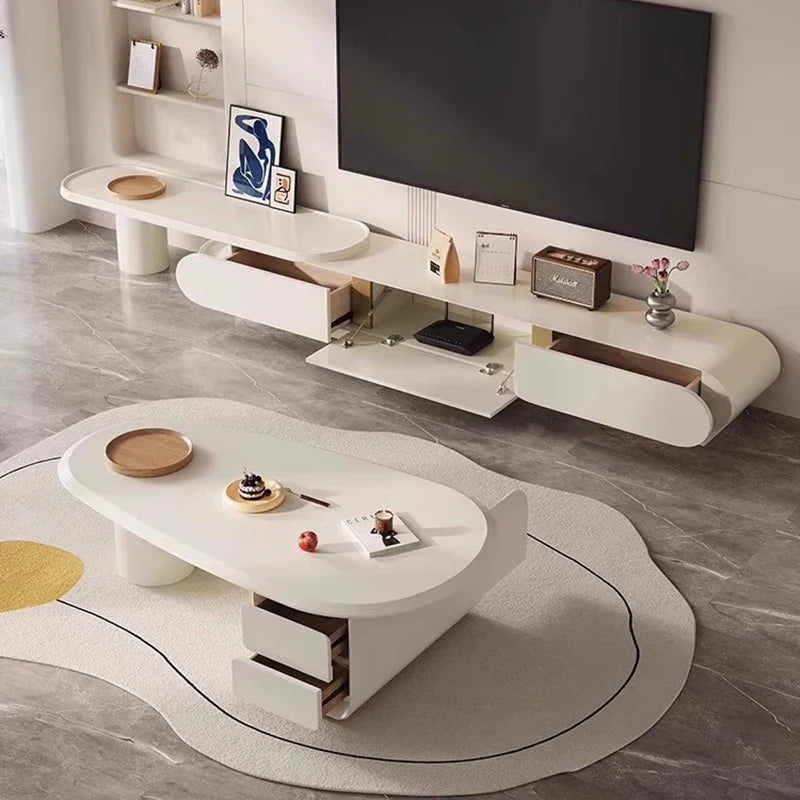 Modern white lacquered coffee table with integrated drawers and oval top for elegant sectional tv stands adjustment soportes