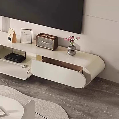 Modern white floating tv console with sleek curved design and integrated drawer for elegant sectional tv stands adjustment soportes