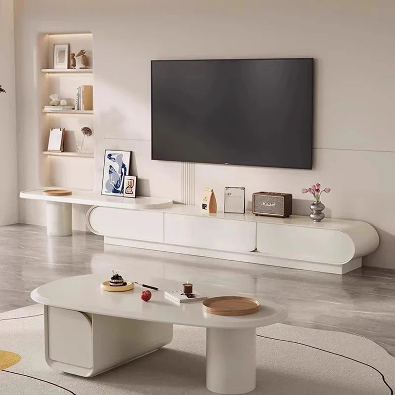 Modern white elegant sectional tv stand with curved minimalist design and integrated stands adjustment soportes storage compartments