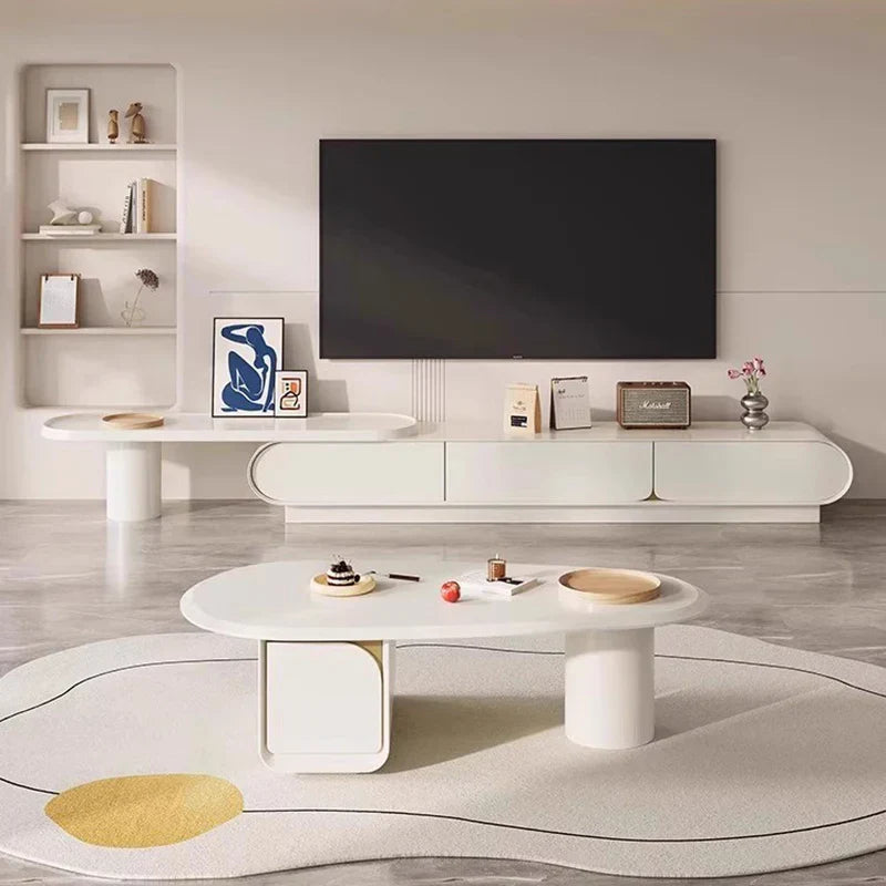 Modern white oval coffee table with sleek minimalist design and cylindrical legs for elegant sectional tv stands adjustment soportes